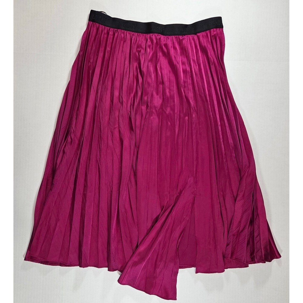 DKNY Womens Magenta Pink Pleated Asymmetrical Midi Skirt Logo Waistband Size L